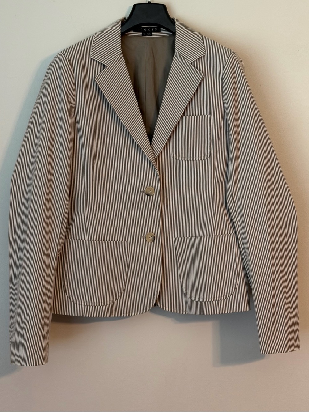 Theory Women’s Fitted Cream & Taupe Pinstriped Blazer Jacket, Size 10, Lined
